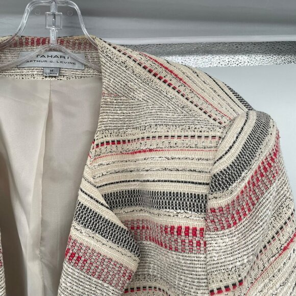 TAHARI Womens Textured Striped Blazer Open Front Cream/Multi Size 16 Pockets - Picture 4 of 9